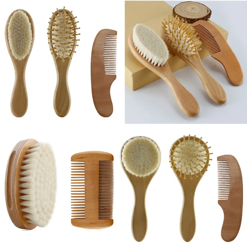 1 set Portable Baby Care Wooden Brush Comb Set Natural Wool Comb Hair Brush Infant Head Massager Bath Baby Shower Gift
