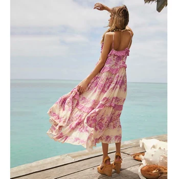 

Pirate Hippie Boho Vintage Floral Women Midi Slip Dress Spring 2020 V Neck Ruffle Tassel Pleated Vestido Retro Chic Beach Dress