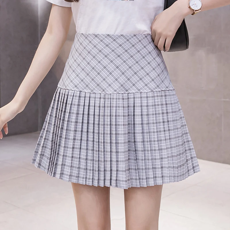 

Preppy Style Women Mini Skirt Casual Korean Lady Summer High Waist A-Line Solid Plaid Pleated Skirts Elegant Fashion Streetwear