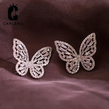 

2020 Korean Sweet Sparkling Cubic Zirconia CZ Zircon Crystal Butterfly Stud Earrings for Women Girls Wedding Brides Pendientes
