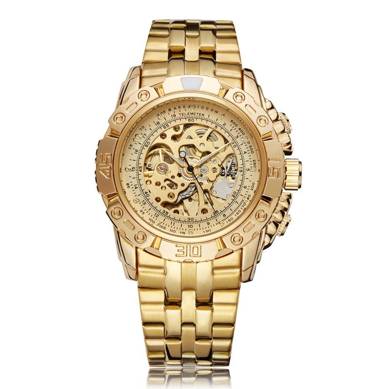 Luxury Gold Skeleton Automatic Mechanical Watches Men Wristwatch Big Dial Stainless Steel Black Clock Luminous Hands Male Reloj