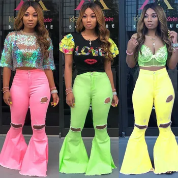 

2020 Sexy Ripped Flare Pants Women Bodycon Casaul Hole Jeans Wide Leg Pants Pure Color Club Denim Jean Slim Bell Bottom Pants