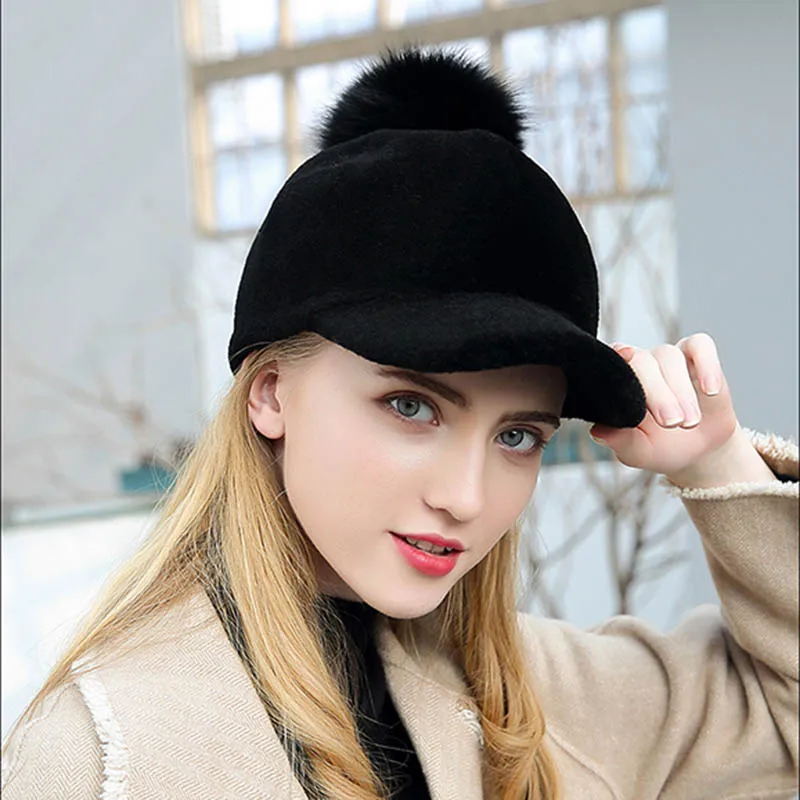 QDKPOTC меховая шапка, Осень-зима, новинка, высокое качество, шерсть, Fedoras, мода для женщин, Лисий мех, мяч, бейсболка, утолщенная, сохраняет тепло, шапка - Цвет: Черный