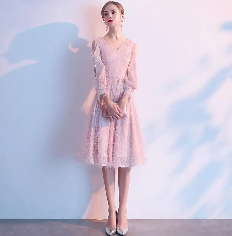 Wei yin AE0249 Robe de Soiree Courte розовое белое винтажное кружевное вечернее платье с v-образным вырезом Вечерние платья Vestido de Festa - Цвет: Розовый