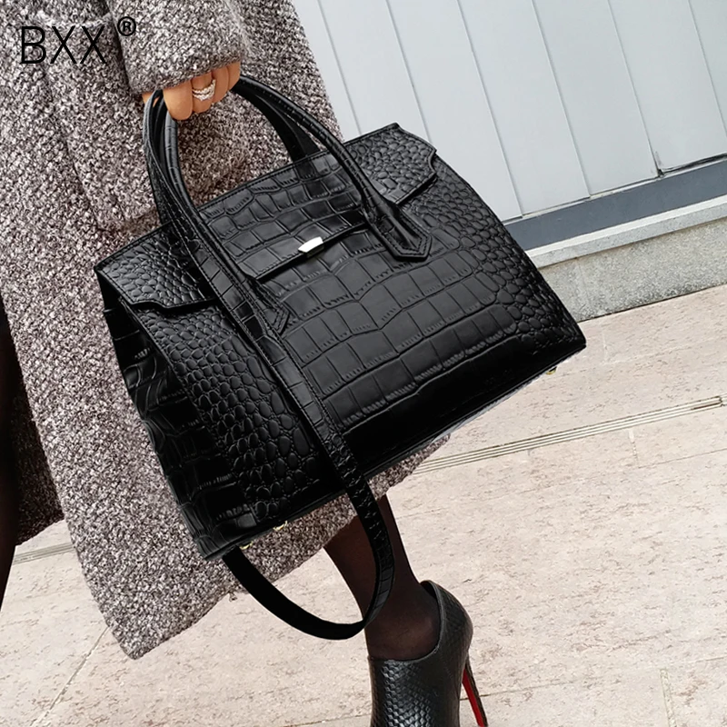 

[BXX] Woman 2020 Solid Alligator Grain Single Strap Large Capacity High Quality Leather Bussiness Shoulder Bag Handbag LM909