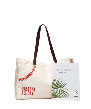 

2020 New Arrival Canvas Printing Tote Bag With PU Hand Strap Baseball Handbag With Outer Pockets DOM1477