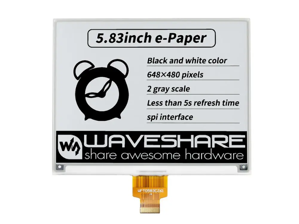 

RealQvol 5,83 дюймовый E-Paper E-Ink сырой дисплей, 648 × 480 пикселей, черный/белый, SPI интерфейс, без PCB
