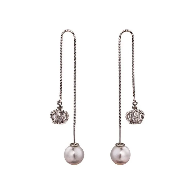 

S925 Silver Needle Creative Slim Temperament Long Pearl Earrings Slim Crown Earrings Antiallergic Jewelry Wholesale