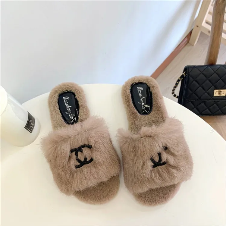 Khaki MFYB/женские тапочки; Новинка года; сезон осень; простая женская обувь на плоской подошве; удобные домашние меховые тапочки с круглым носком - Цвет: Khaki