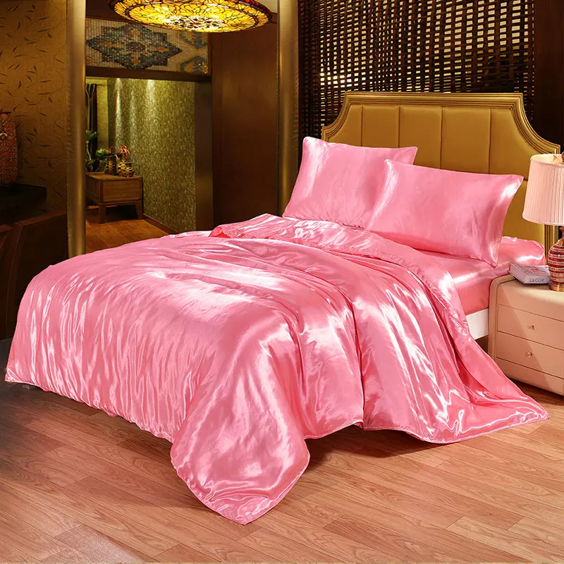 Сатиновый Шелковый комплект постельного белья, роскошный комплект постельного белья, пододеяльник и наволочка для одного двойного постельного белья - Цвет: Pink