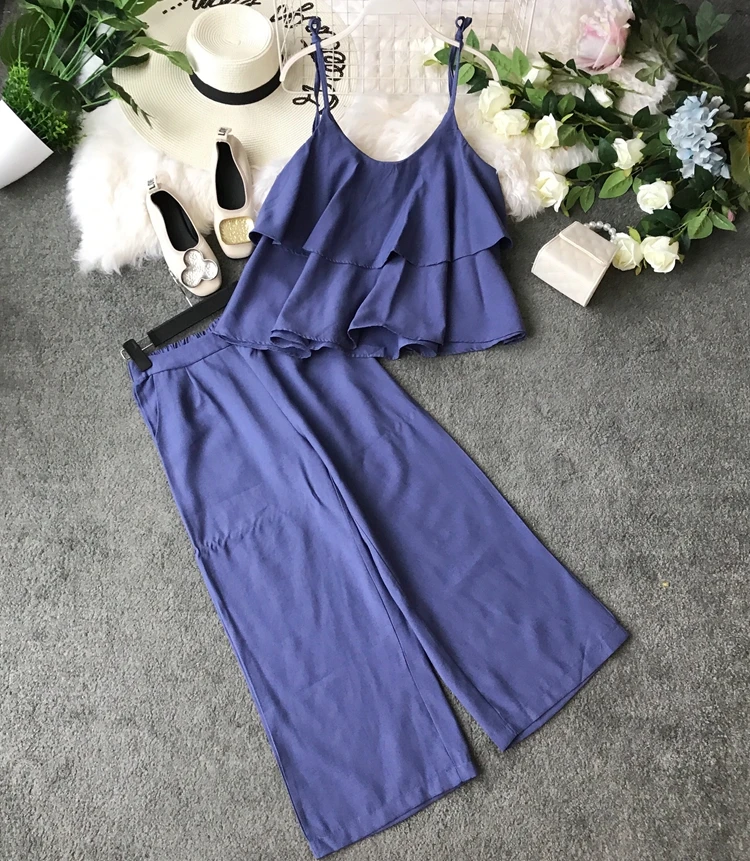 Женская шифоновая куртка на подтяжках с широкими штанинами, комплект из двух предметов, женский летний стильный модный комплект с широкими штанинами с высокой талией LS203 - Цвет: Blue