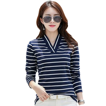 

Elegant Stripe V neck t shirt women Comfortable Cotton Women t shirt Plus Size 3XL korean clothes long sleeve shirt women