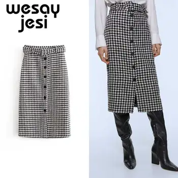 

2019 Fashion Women Winter skirt elegant casual plaid waist high waist basic faldas mujer moda chic mid-calf womens skirts