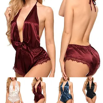 

Women's Sleepwear Sexy Satin Pajama Set Black Lace V-Neck Pyjamas Sleeveless Cute Cami Top And Shorts Erotic lingerie