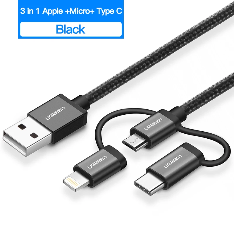 3 in1 Black Ugreen 3 в 1 Lightning USB кабель для iphone 8 7 Micro USB кабель быстрой зарядки Тип USB C для OnePlus 5 Samsung Galaxy S8 LG V3 - Цвет: 3 in1 Black