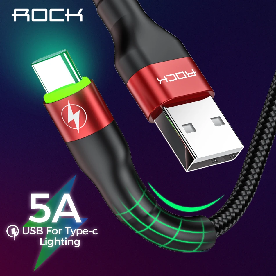 ROCK 5A Metal Led Light USB Type C Cable For Xiaomi Redmi Samsung OnePlus Huawei Mate 20 Pro Fast Charging Data USB C Quick 3.0