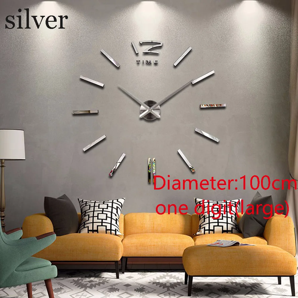 dia 100cm silver 1 Набор 3D Зеркальная Наклейка на стену перо/часы акриловые фрески наклейка Съемная наклейка s украшение для гостиной Наклейка на стену художественный Декор - Цвет: dia 100cm silver
