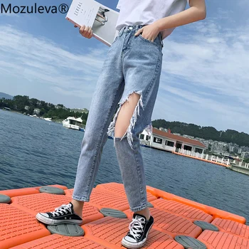 

BornSra Spring Summer Ripped Holes Elastic Denim Jeans Women Jeggings Tassel High Waist Pants Capris Female Skinny Harem Jeans