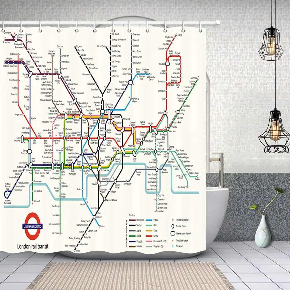 

Map Decor, City Subway of London Rail Transit Polyester Fabric Waterproof Map Bath Curtain, Shower Curtain Hooks Included