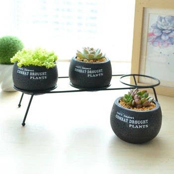 

Set of 3 Cement Succulent Planter Pots Round Flower Pot Black Flower Planter with Iron Metal Shelf (3 Pots + 1 Stand)