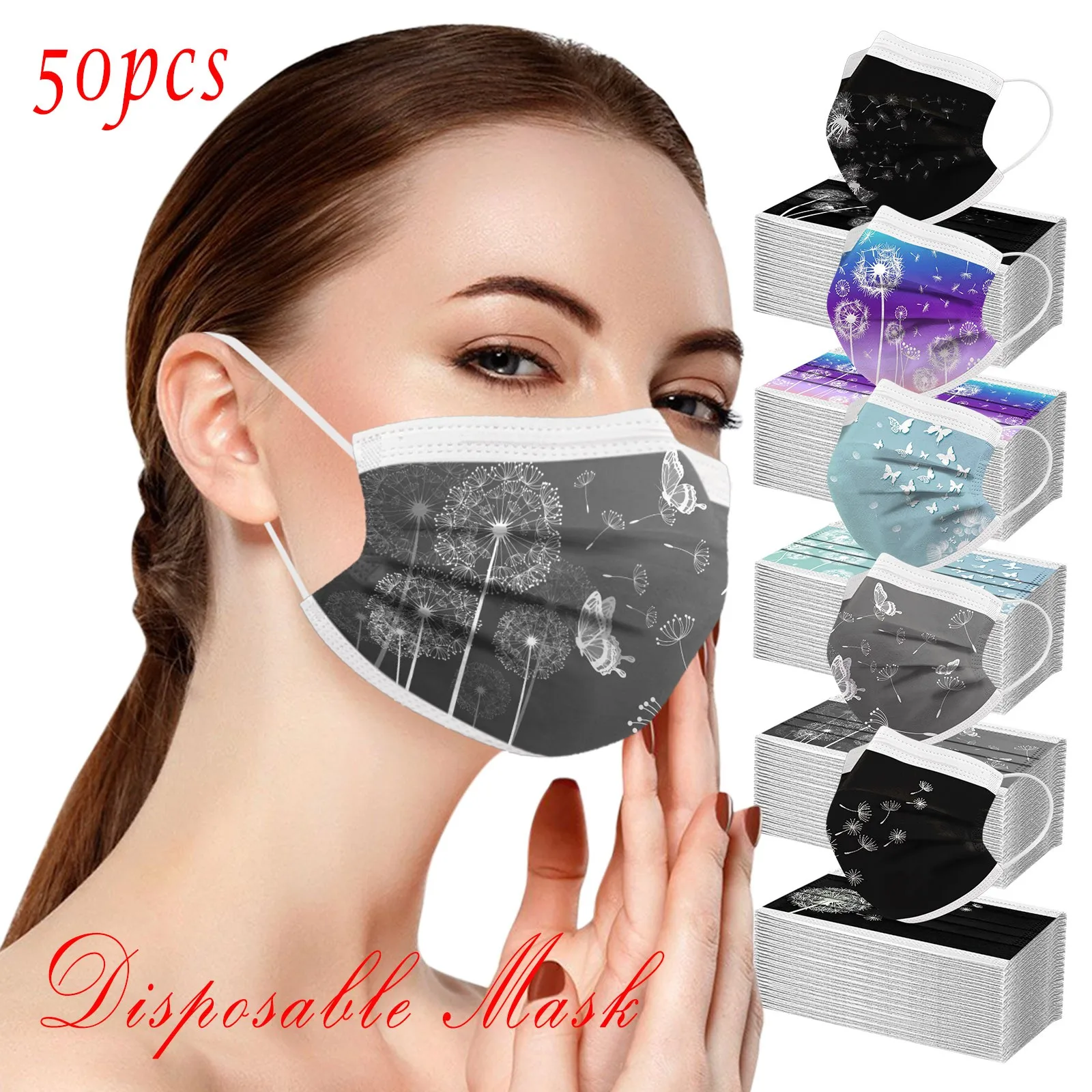 

50PCS Adults Beautiful Elegant Flower Prints Breathable 3 -Layer Disposable Mask New style woven mask Adult Three Layer Máscara
