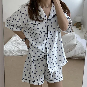 

Women 2pcs Simple Plaid Home Suit Sweet Sexy Dot Polka Sleepwear Set Turn-down Collar Comfortable Soft Pajama Set Loose S801