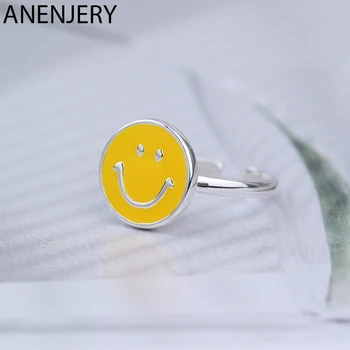 

ANENJERY Cute Yellow Round Smiling Face Rings 925 Sterling Silver Opening Rings For Women Gifts S-R501