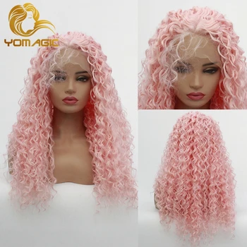 

Yomagic Light Pink Color Lace Front Wigs with Baby Hair Jerry Curly Realistic Glueless Synthetic Hair Wig Natural Hairline