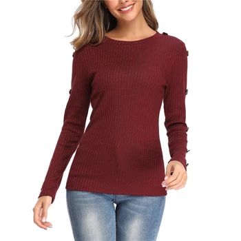 

Round-neck Long-sleeved Button Decorative Sweater Women Slim Stretch Solid Color Knitted Pullover Jumpers Female 2020 Spring