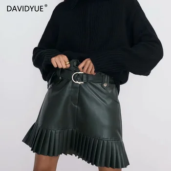 

Ruffle high waist skirts mini sexy short skirt black Sash skirt elegant belt leather skirt women faux leather skirt with pockets