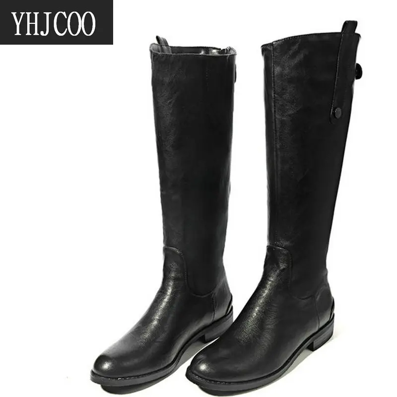 Женские сапоги на молнии черные или коричневые из искусственной кожи с круглым