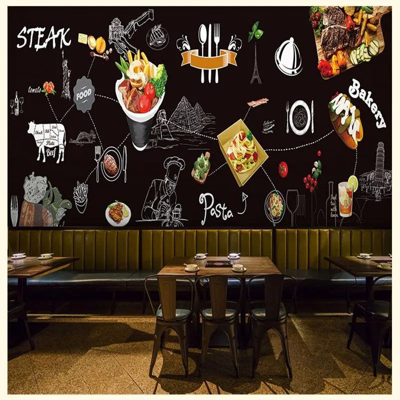 

Drop Shipping Wallpaper Industrial Style Western Steak Food Chalk Graffiti Mural Korean Beef Meal Bar Fast Food Restaurant