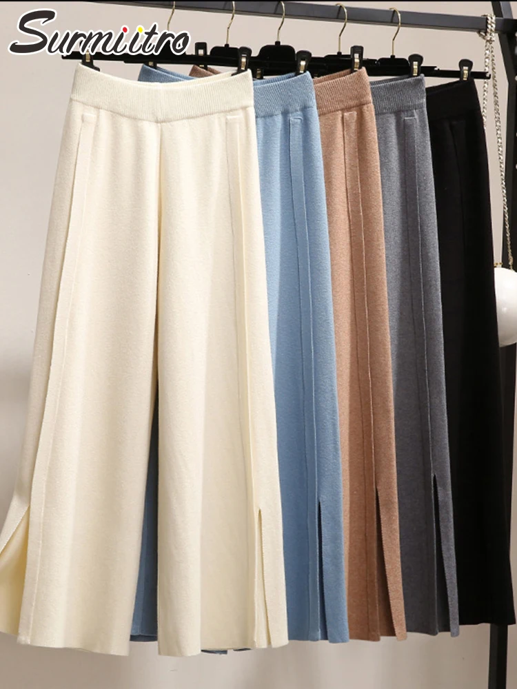 SURMIITRO 2021 Fashion Autumn Winter Thick Knit Long Wide Leg Pants Women Korean Style White Split High Waist Trousers Female | Женская