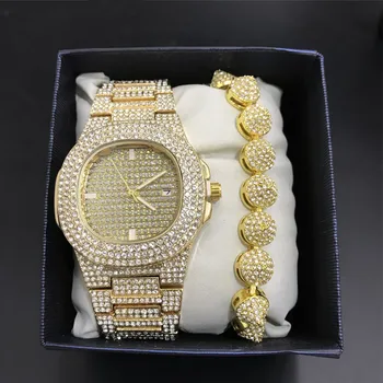 

Luxury Men Gold Color Watch & Braclete Combo Set Ice Out Cuban Jewerly Crystal Miami Braclete Chain Hip Hop For Men