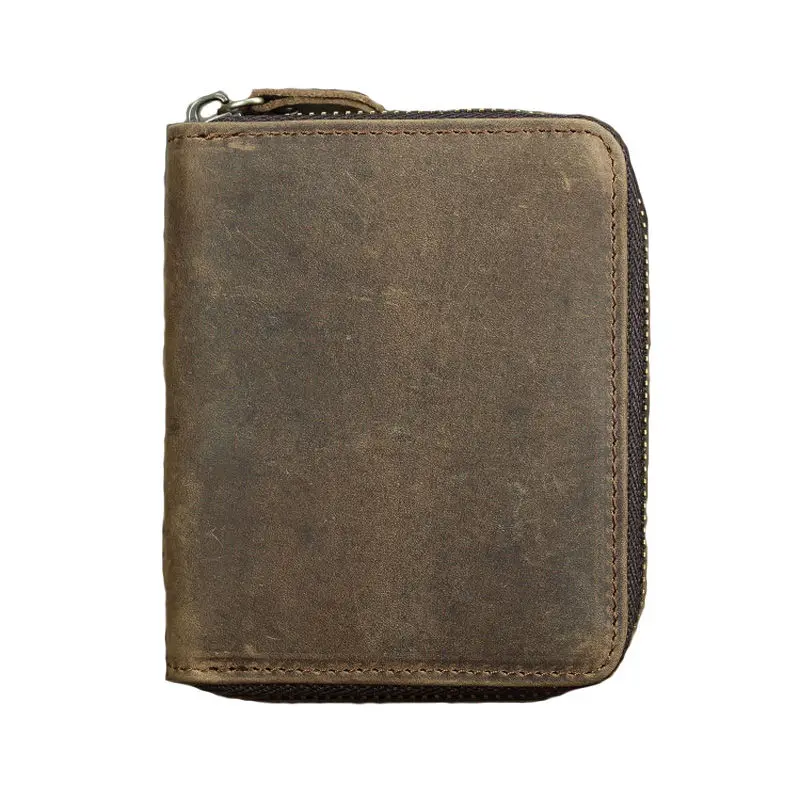 Short Organizer Wallet Man With Zipper Around Genuine Leather Male Coin Purse Crazy Horse Leather Card Holder For Boys Vintage