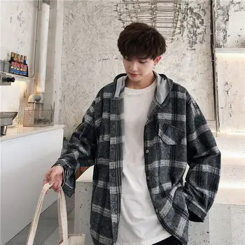 

Men's shirt 2020 autumn new slim solid color checked print hooded long sleeve shirt casual personality youth men's wear