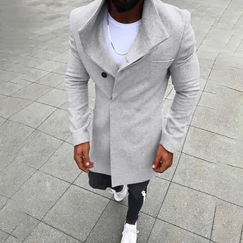 

New Fashion Mens Coat Wool Button Solid Color Long Sleeved Windbreaker Wool Coat Men Winter Coat Men Long Trench