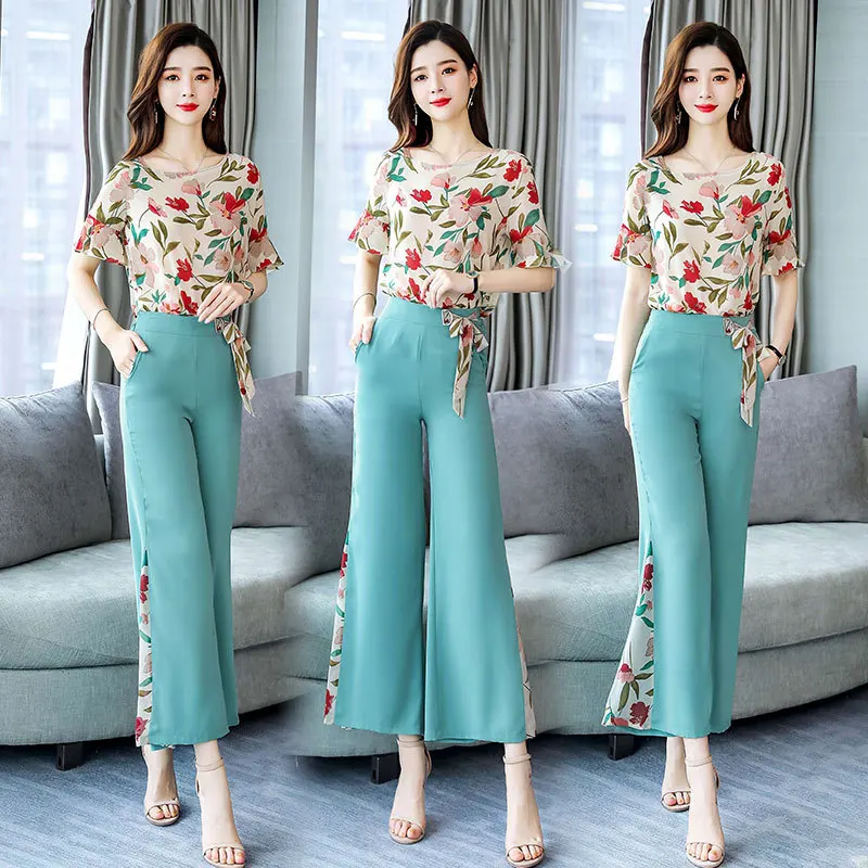 

Printed Pattern Chiffon Blouse 2019 Summer New Style with Wide Leg Pants Comfortable Set