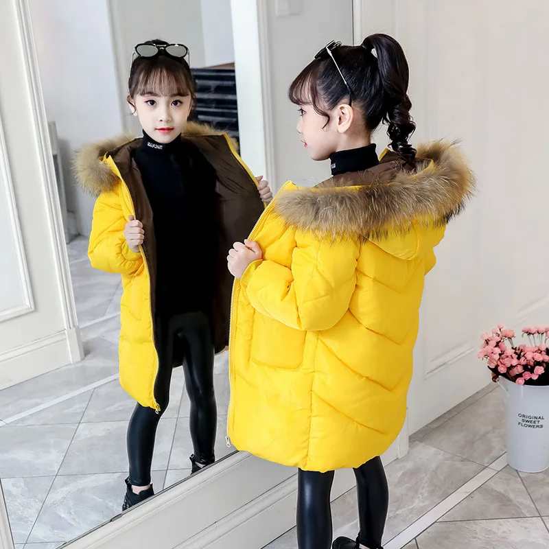 yellow Зимние хлопковые куртки для девочек г., Детские утепленные хлопковые пальто с большим меховым воротником детские парки из хлопка на пуху, верхняя одежда - Цвет: yellow