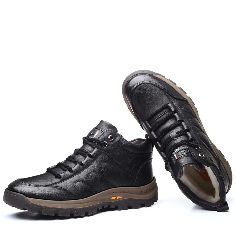Men Leather Boots Wool Fur Thick Composite Sole Winter Shoes Men Cowhide Leather Designer Outdoors Ankle Boots For Man outdoor boots,men leather boots