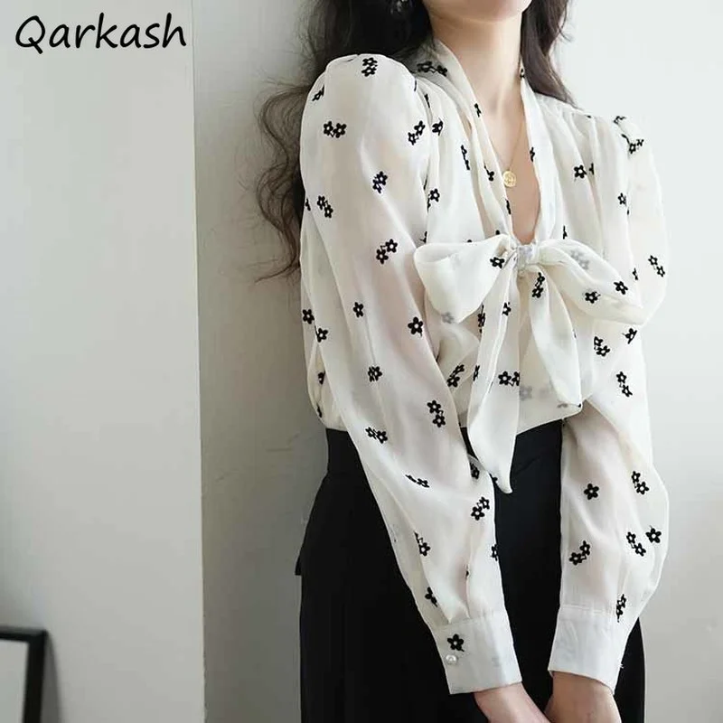 

Floral Shirts Women Bandage Long Sleeve Elegant French Style Tender Tops Feminino Leisure Design Retro All-match Temperament New