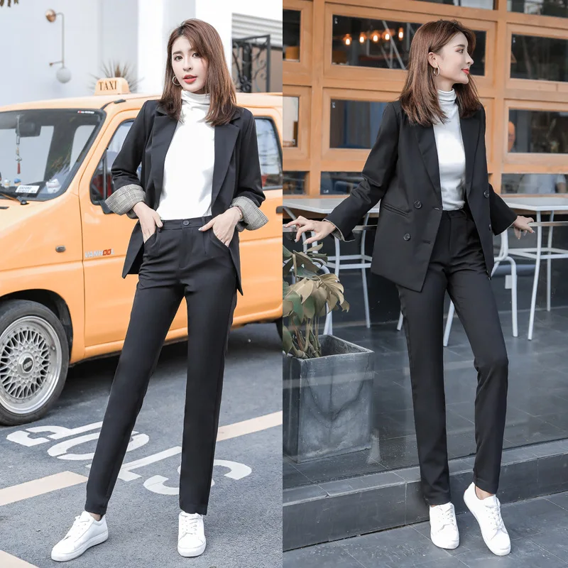 

Business office women's suit Casual temperament double-breasted black jacket female Slim trouser suit 2019 new two-piece suit