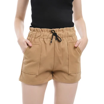 

Solid Casual Loose Thick Warm Elastic Waist Straight Booty Shorts Pockets Women Shorts Autumn Winter High Waist Shorts