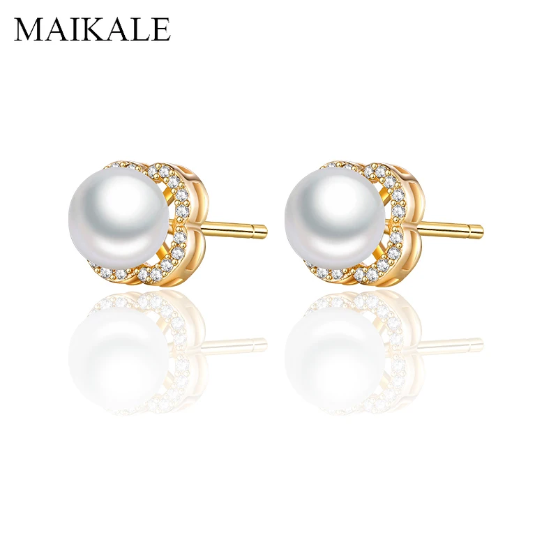 

MAIKALE Romantic Jewelry Pearl Stud Earrings for Women Cubic Zirconia Flower Shape Gold Silver Small Ear Studs Charm Accessories