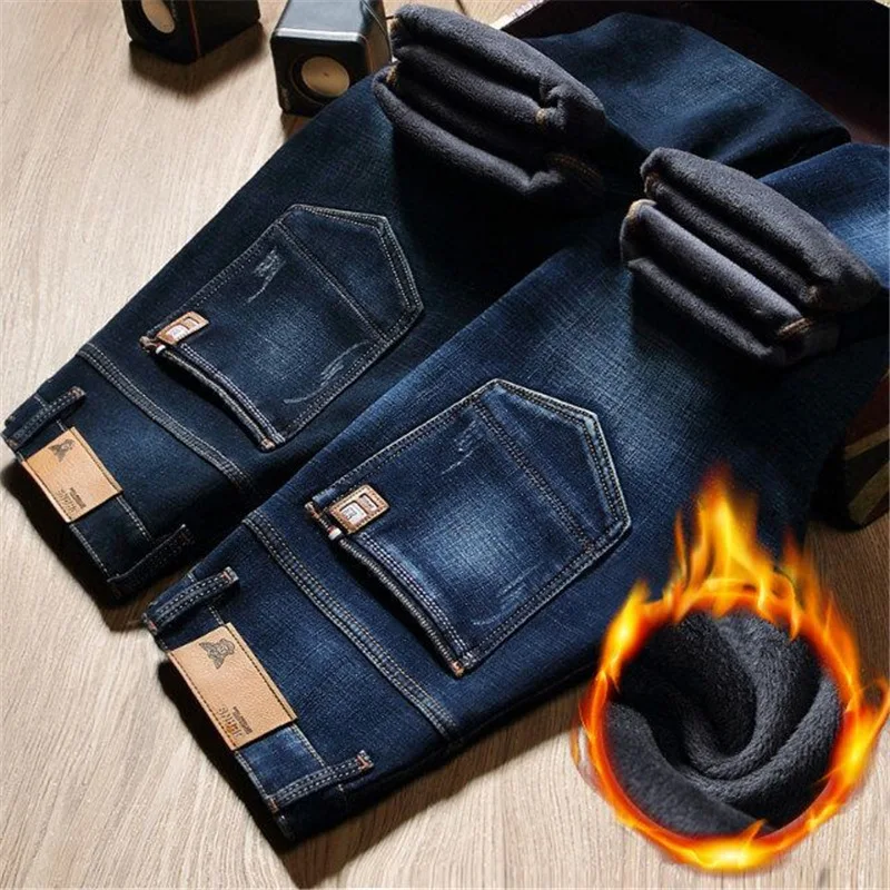 Winter Thermal Warm Stretch Jeans Mens Winter Quality Famous Brand Fleece Pants Men Straight Flocking Trousers Jeans Male