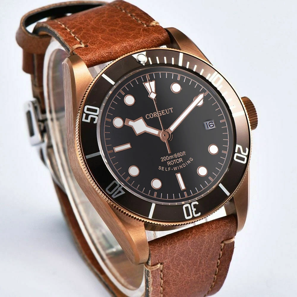 Corgeut 41 мм Miyota/Seagul Модные мужские автоматические механические наручные часы SSteel кофейный чехол PVD водонепроницаемый светящийся календарь