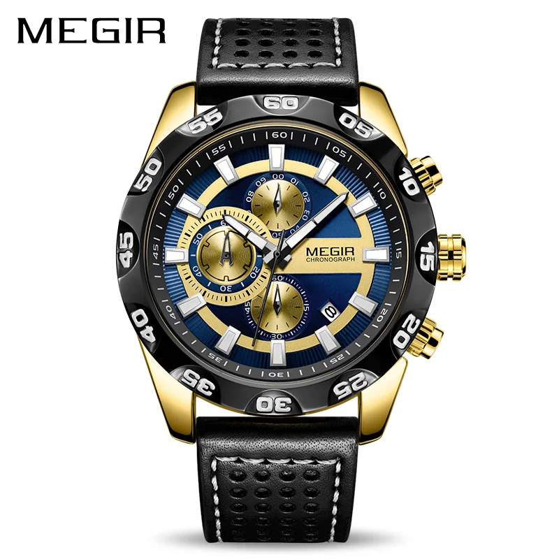 Relogio Masculino MEGIR мужские водонепроницаемые светящиеся модные часы мужские хронограф кварцевые часы люксовый бренд кожаные Наручные часы - Цвет: Black Gold