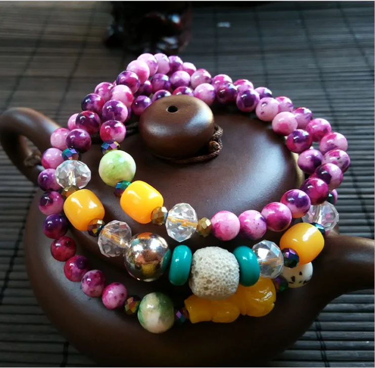 

Natural Jade Crystal Beads Resilient Bracelet Original Design 108 Mala for Women Yoga Meditation Balancing Jewelry Gifts Her