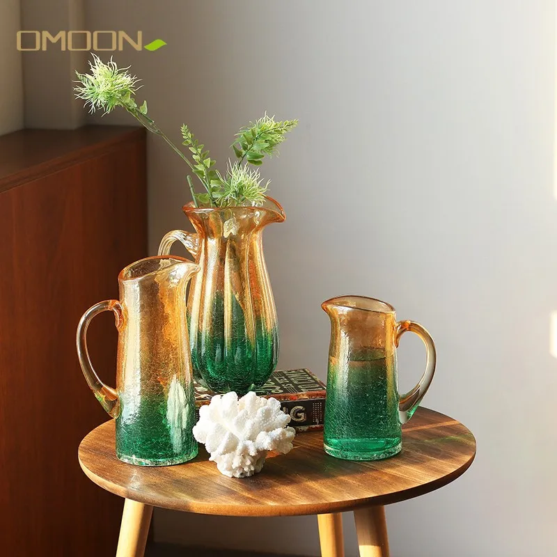 

Garden Style Color Glass Vase Blowing Vase Creative Handle Decorative Vase Wide Mouth Vase Wholesale