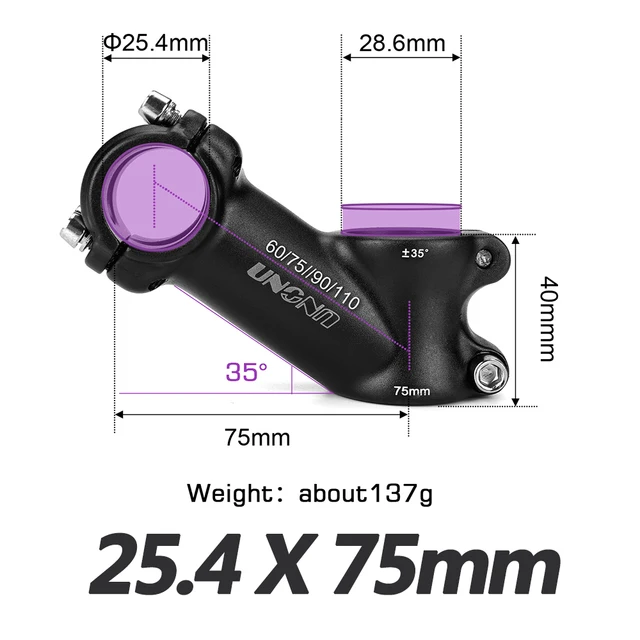 UNO Bike Stem Riser Aluminum Alloy Bicycle Handlebar Stems Black MTB Stem 35 Degree For 25.4/31.8mm Bar MTB Power Bike Parts 25.4x75mm 35 stem